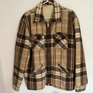 VINTAGE STYLE WOOL BLEND NEUTRAL CHORE JACKET SHACKET PLAID ZIP UP SHEARLING L